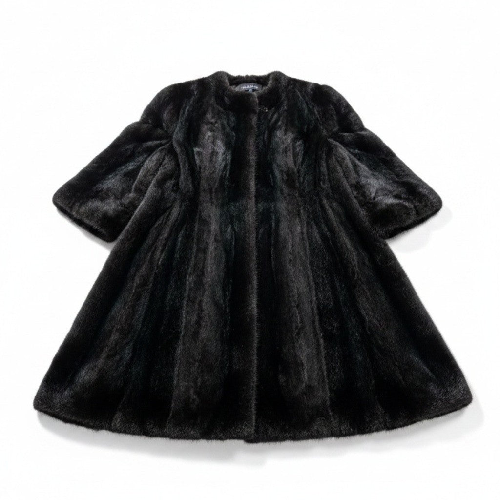 REAL BLACK MINK FUR LONG COAT JACKET GATHERED SLEEVES SIZE 13 XL JAPAN - image 1