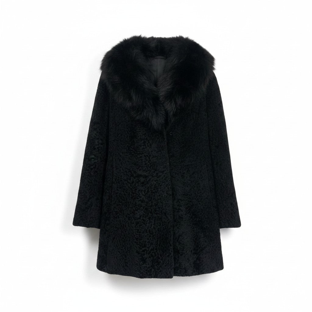 VINTAGE BLACK REAL FOX FUR COLLAR LAMB LEATHER COAT JACKET SIZE 9 M JAPAN - image 1