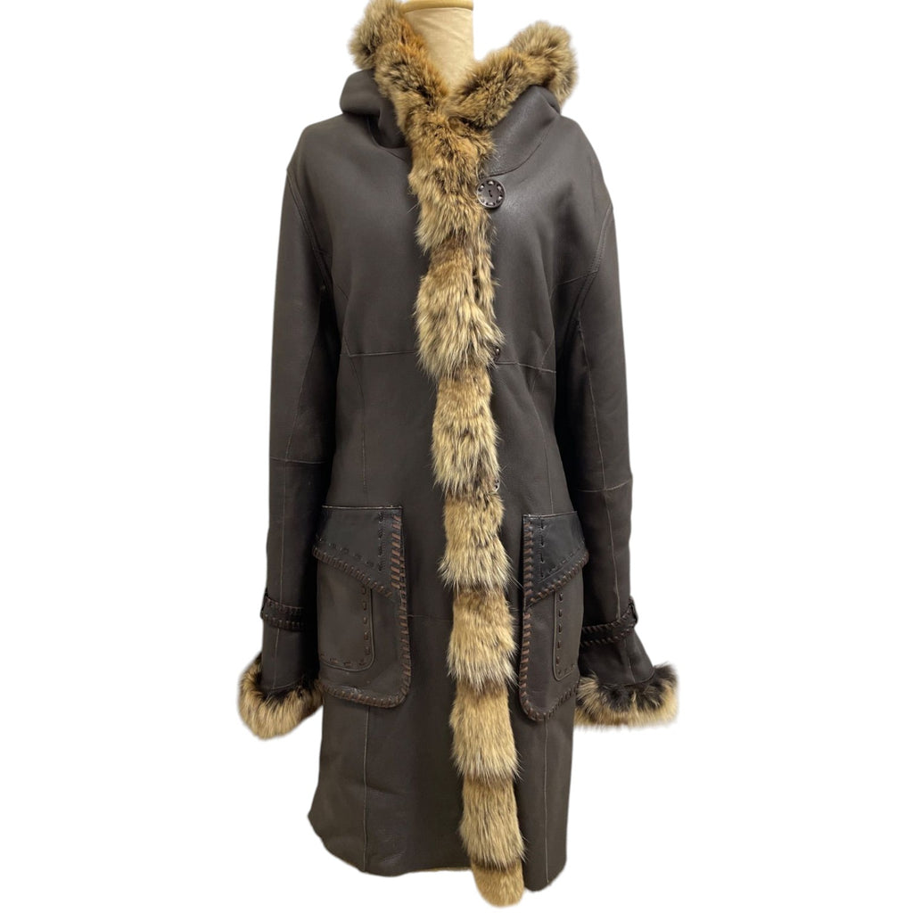 REAL SHEARLING MOUTON FUR HOODED LONG COAT JACKET BELTED BROWN JAPAN - image 1