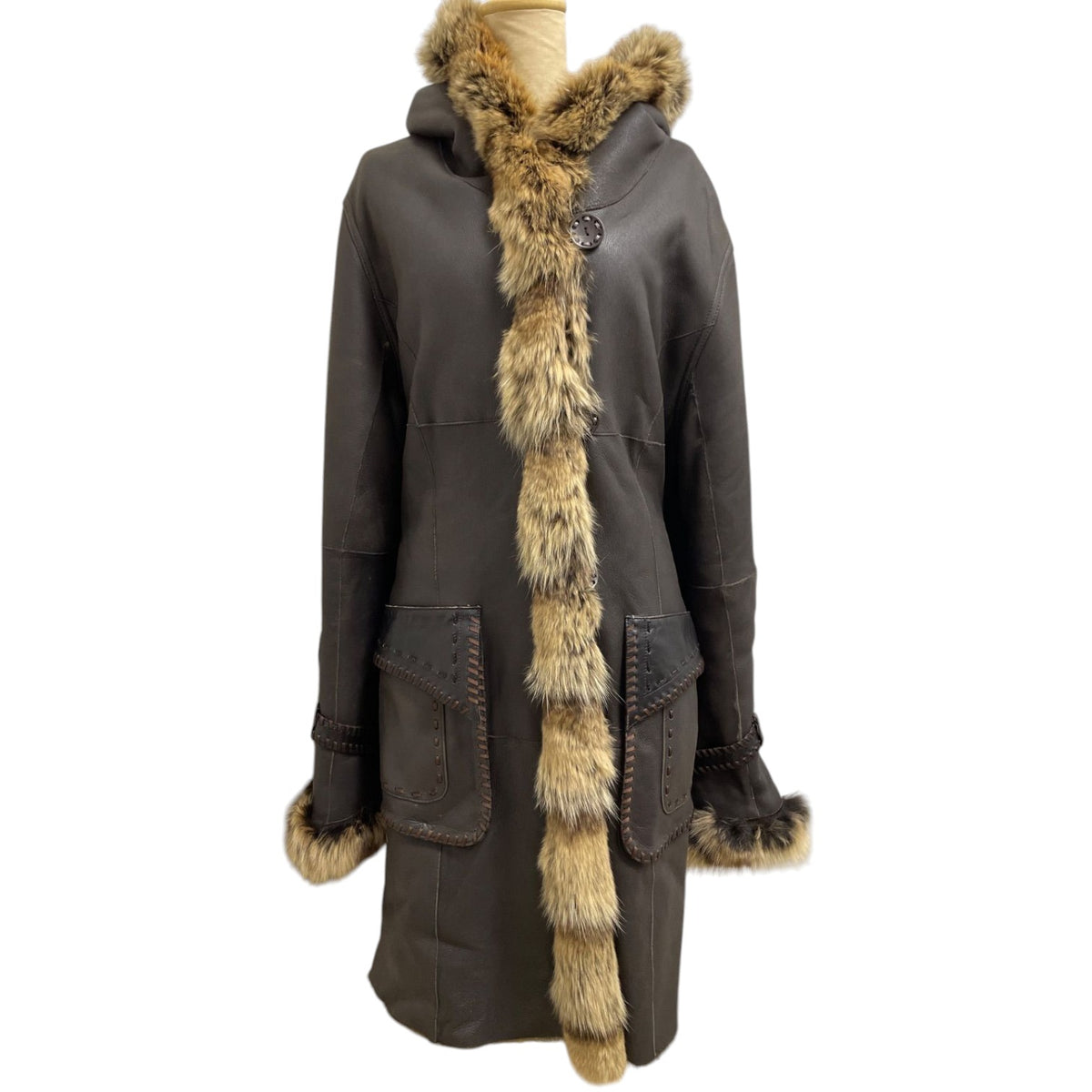 REAL SHEARLING MOUTON FUR HOODED LONG COAT JACKET BELTED BROWN JAPAN - image 1