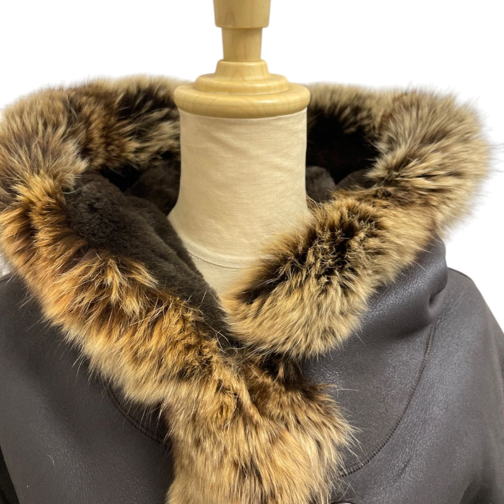 REAL SHEARLING MOUTON FUR HOODED LONG COAT JACKET BELTED BROWN JAPAN - image 2