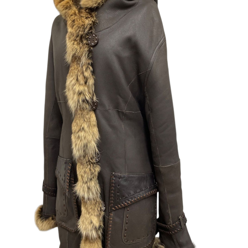 REAL SHEARLING MOUTON FUR HOODED LONG COAT JACKET BELTED BROWN JAPAN - image 3