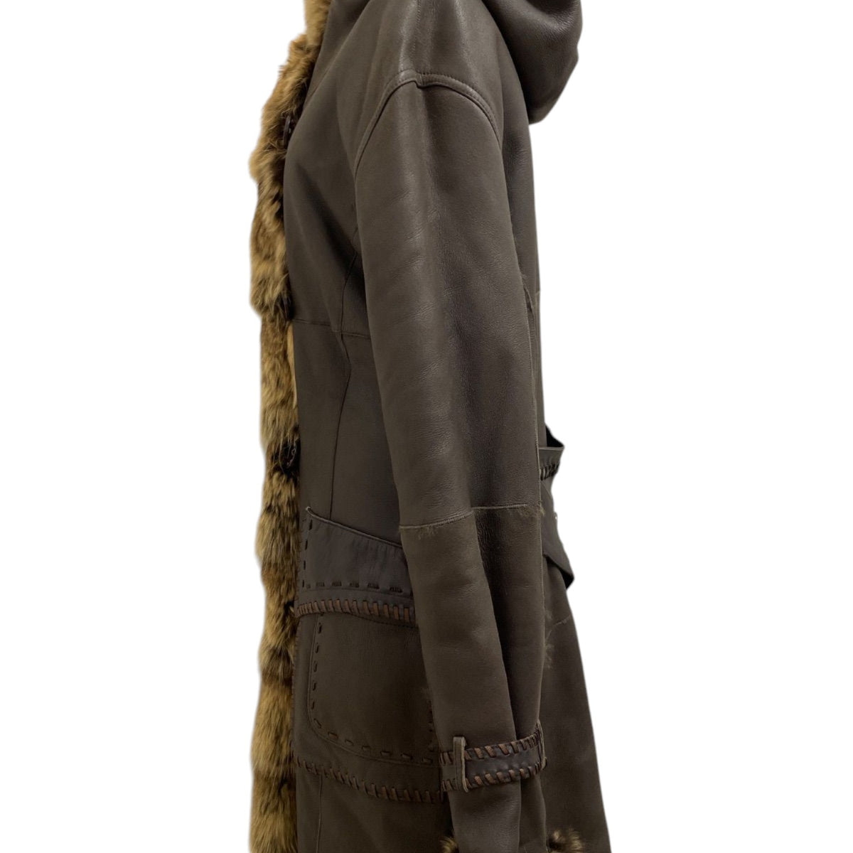 REAL SHEARLING MOUTON FUR HOODED LONG COAT JACKET BELTED BROWN JAPAN - image 5