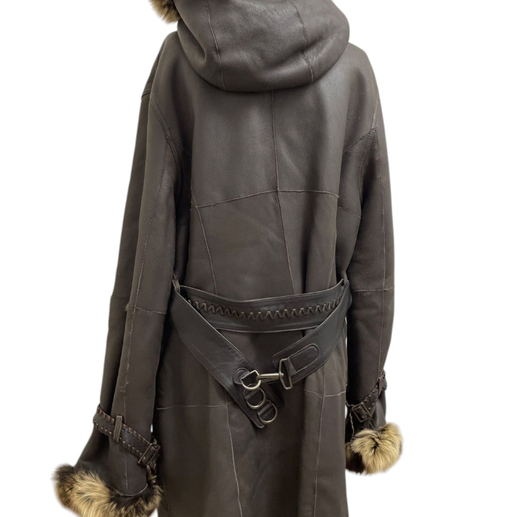 REAL SHEARLING MOUTON FUR HOODED LONG COAT JACKET BELTED BROWN JAPAN - image 6