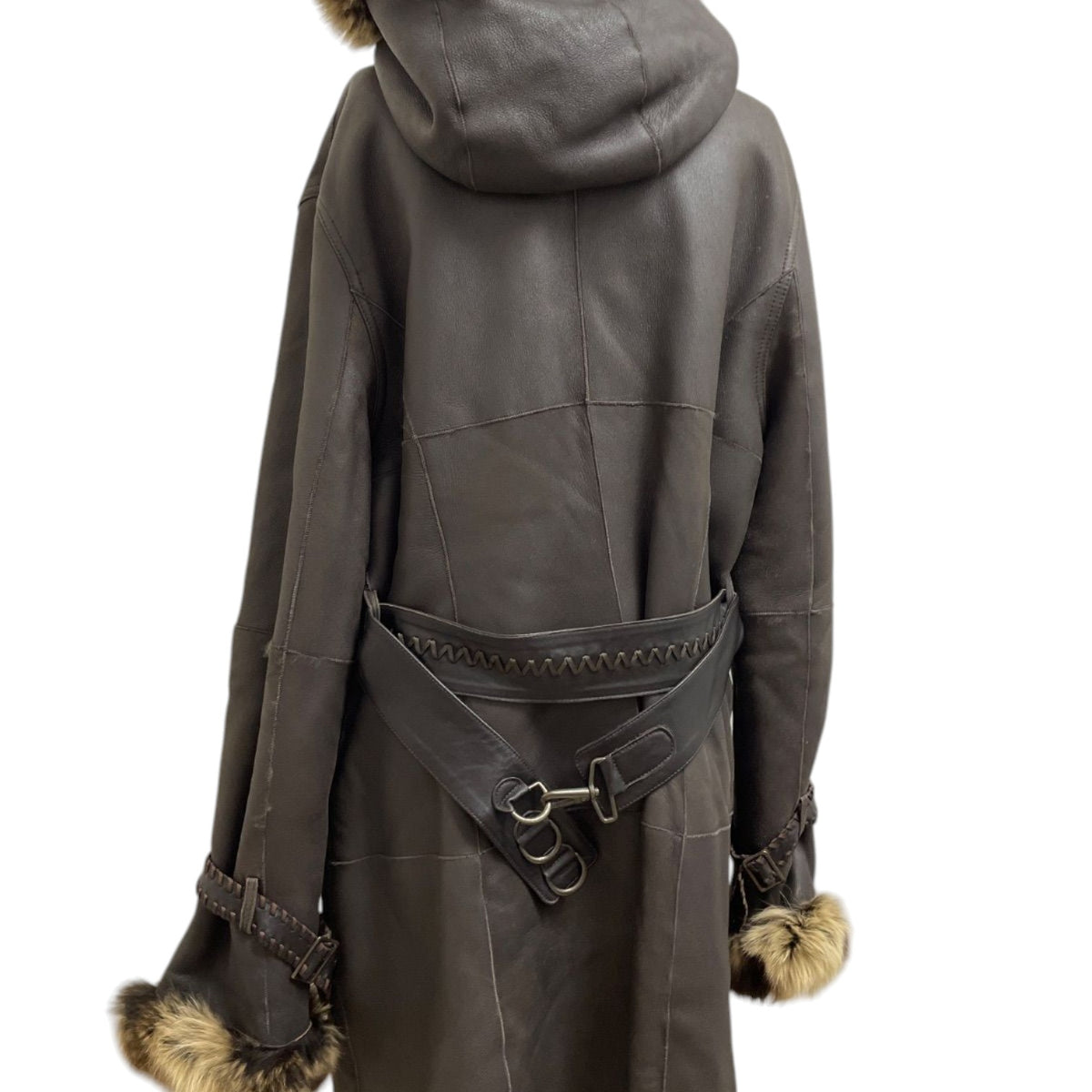 REAL SHEARLING MOUTON FUR HOODED LONG COAT JACKET BELTED BROWN JAPAN - image 6