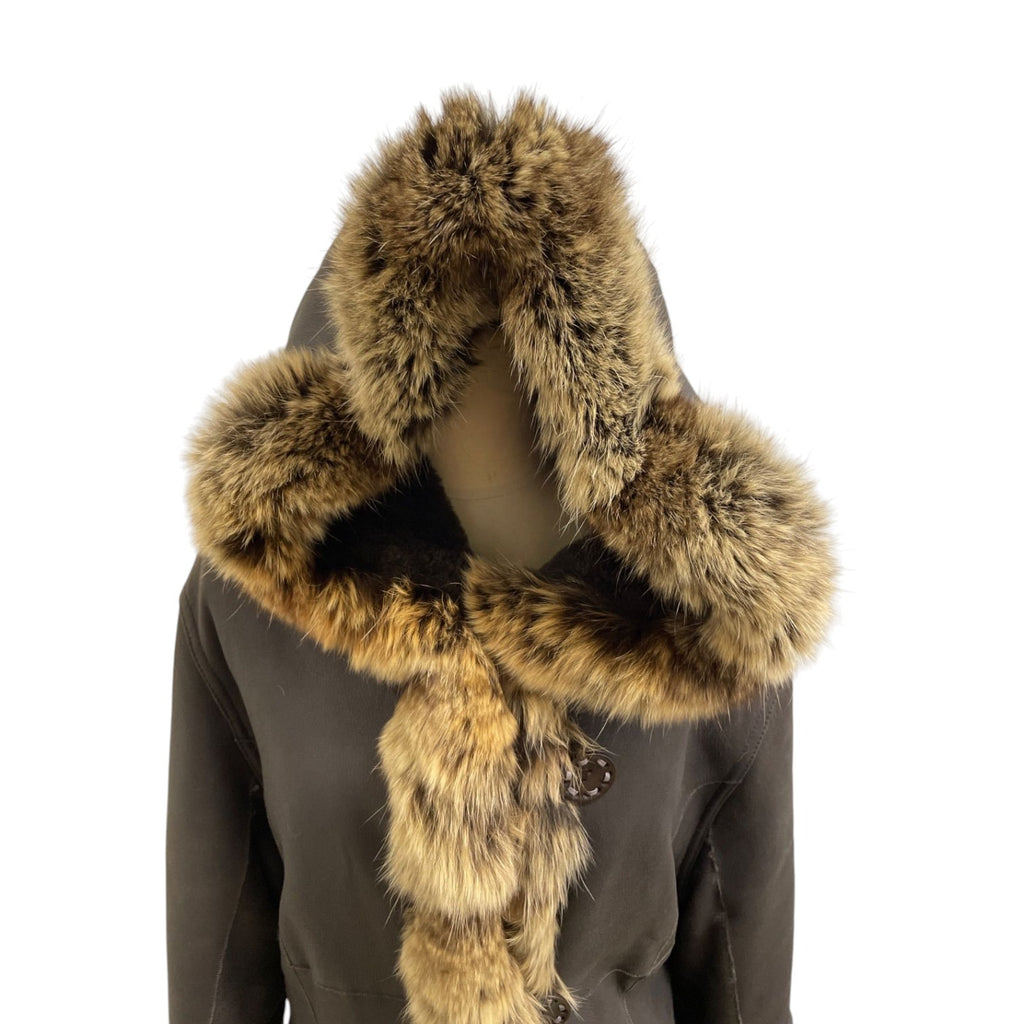 REAL SHEARLING MOUTON FUR HOODED LONG COAT JACKET BELTED BROWN JAPAN - image 9