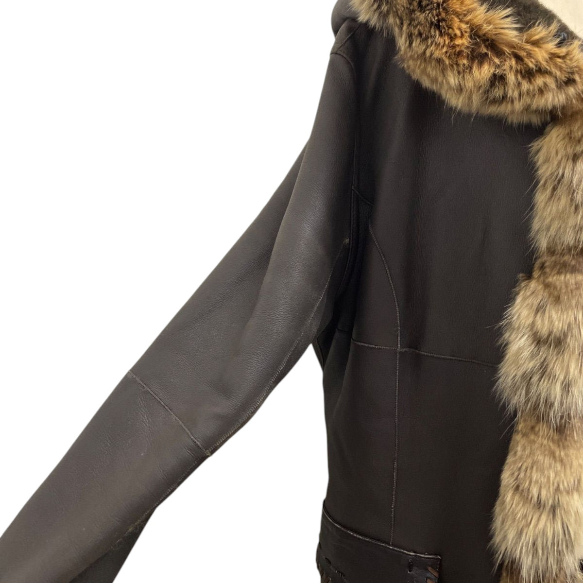 REAL SHEARLING MOUTON FUR HOODED LONG COAT JACKET BELTED BROWN JAPAN - image 10