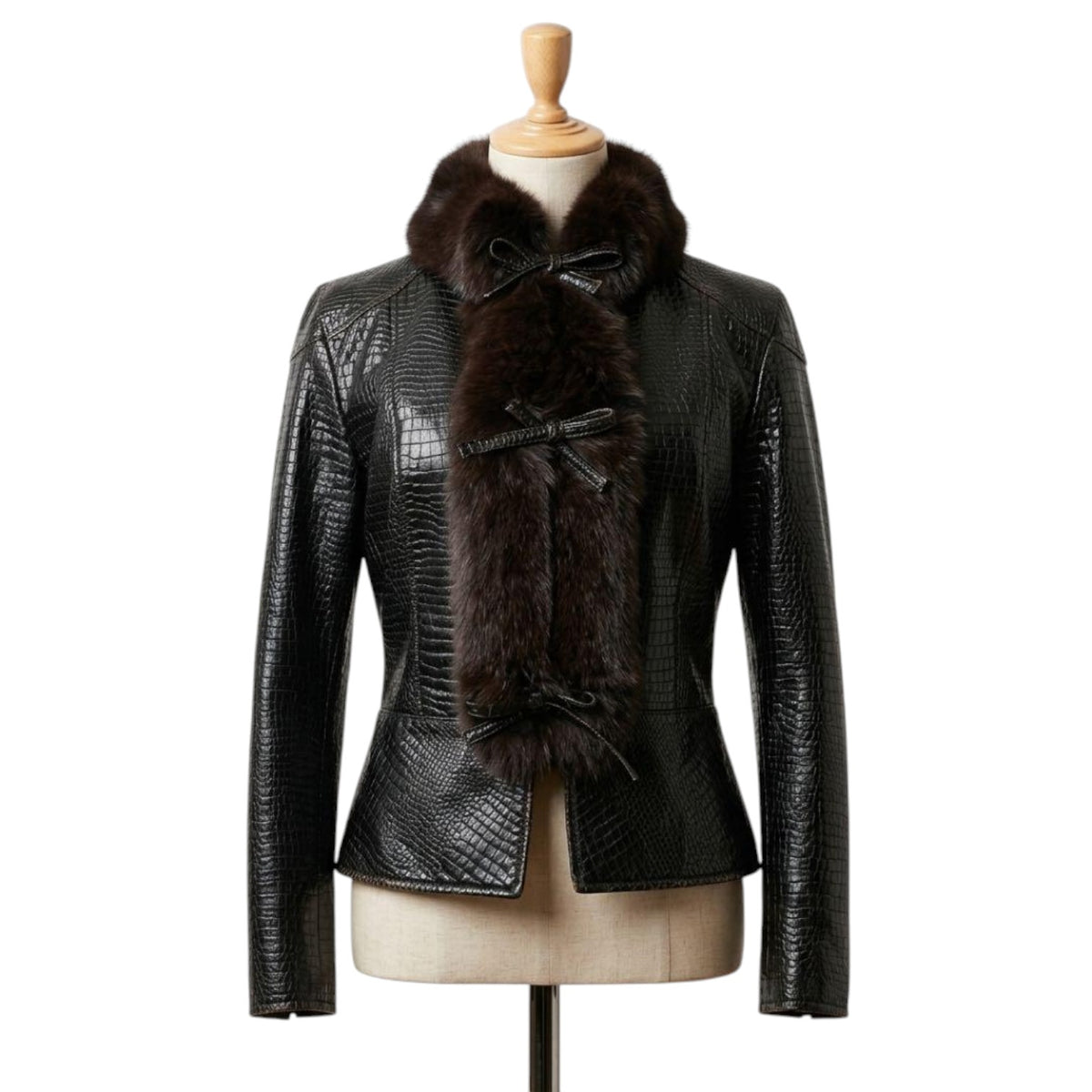 SYNCHRO CROSSINGS CROC EMBOSSED JACKET REAL FOX FUR COLLAR SIZE 38 M JAPAN - image 1