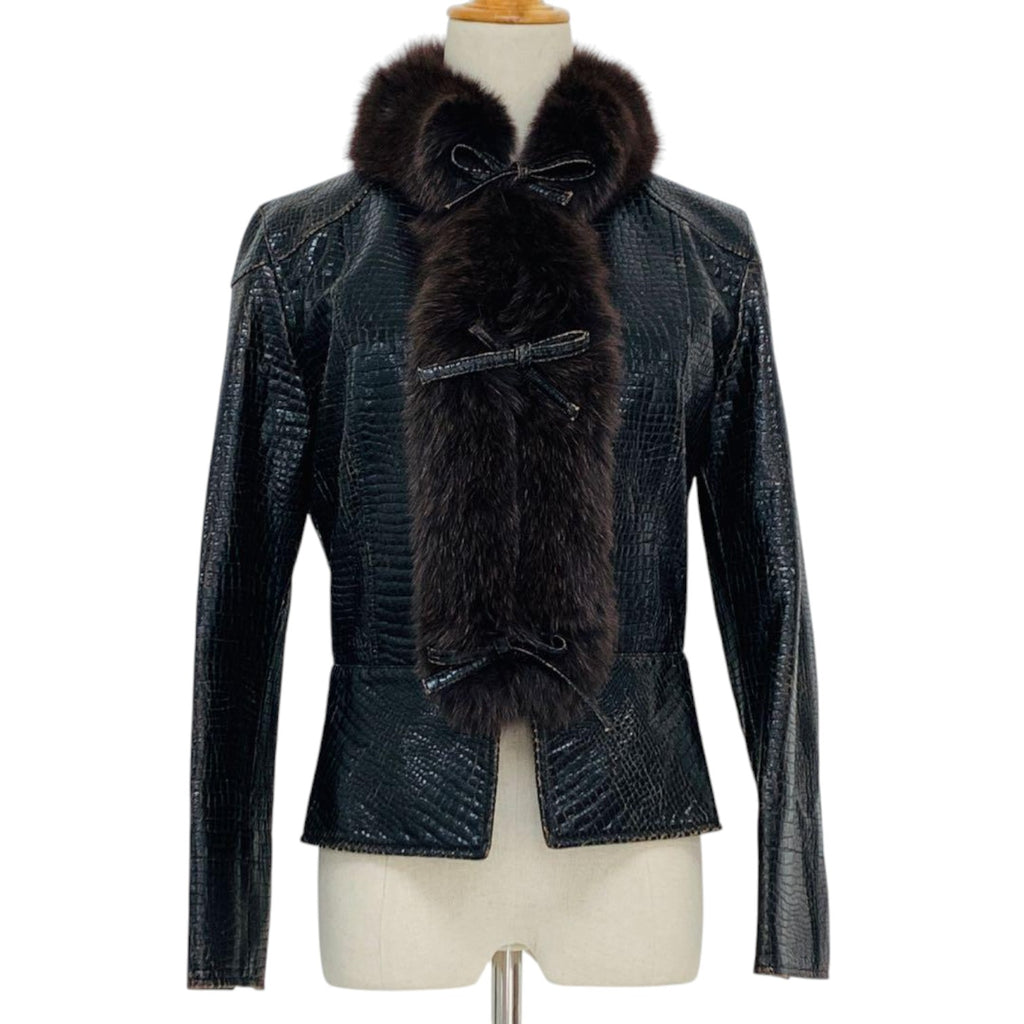 SYNCHRO CROSSINGS CROC EMBOSSED JACKET REAL FOX FUR COLLAR SIZE 38 M JAPAN - image 2