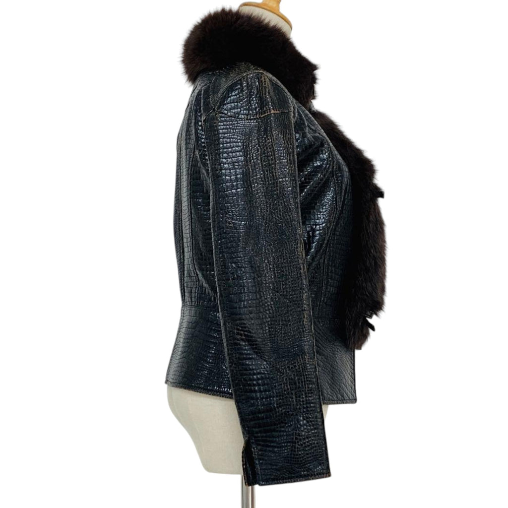 SYNCHRO CROSSINGS CROC EMBOSSED JACKET REAL FOX FUR COLLAR SIZE 38 M JAPAN - image 3