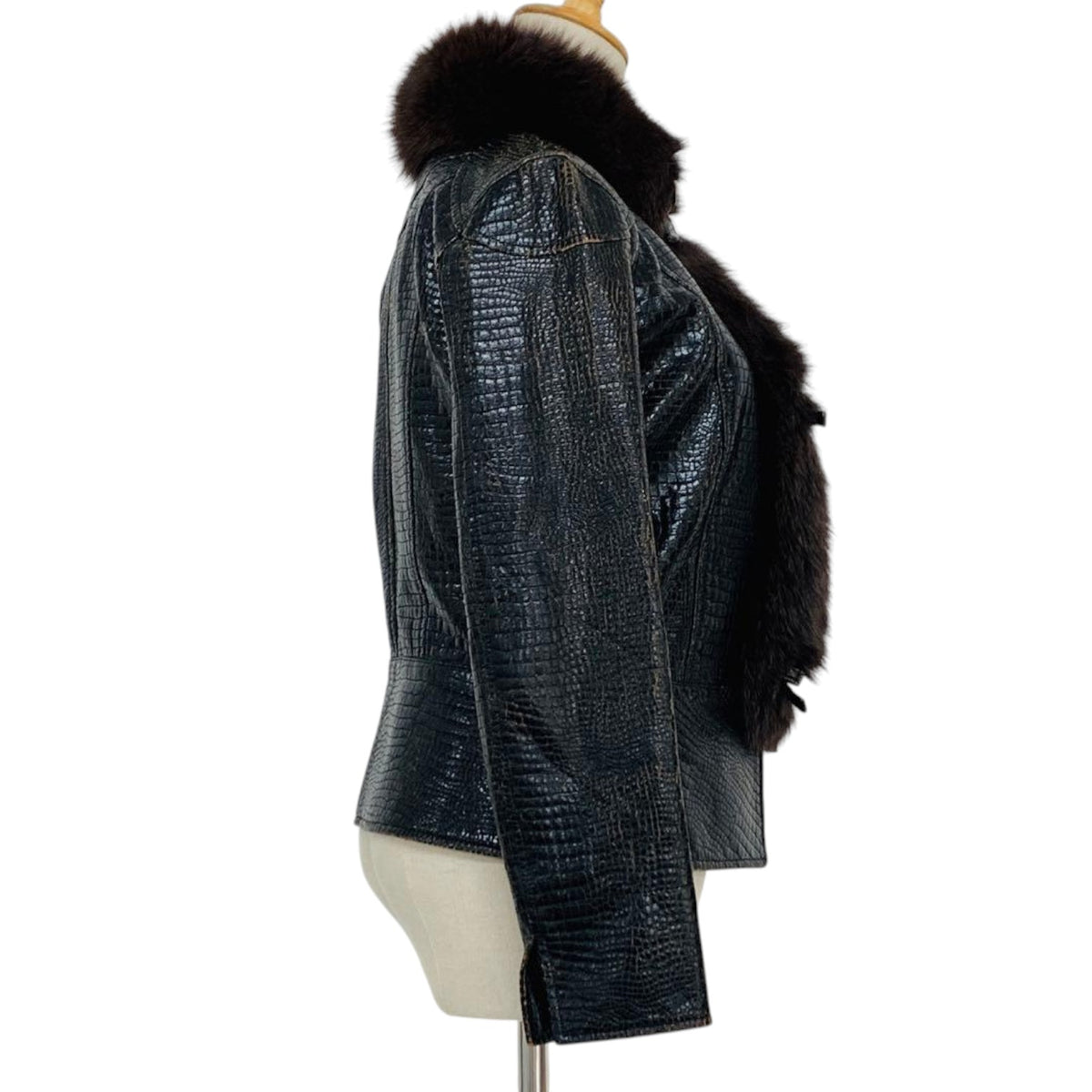 SYNCHRO CROSSINGS CROC EMBOSSED JACKET REAL FOX FUR COLLAR SIZE 38 M JAPAN - image 3