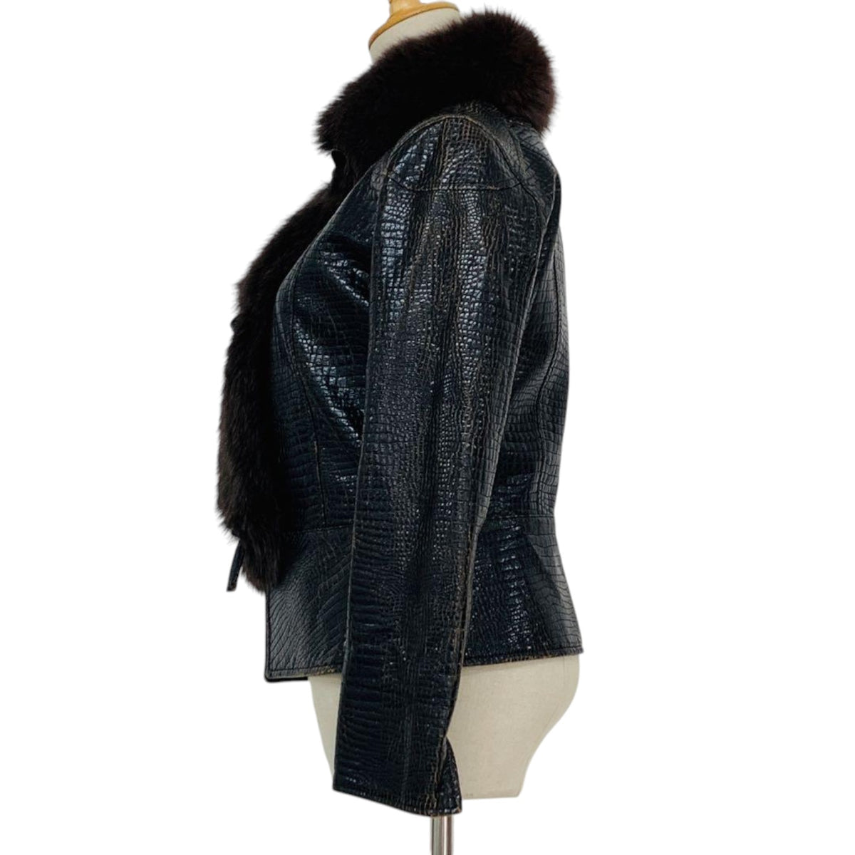 SYNCHRO CROSSINGS CROC EMBOSSED JACKET REAL FOX FUR COLLAR SIZE 38 M JAPAN - image 5