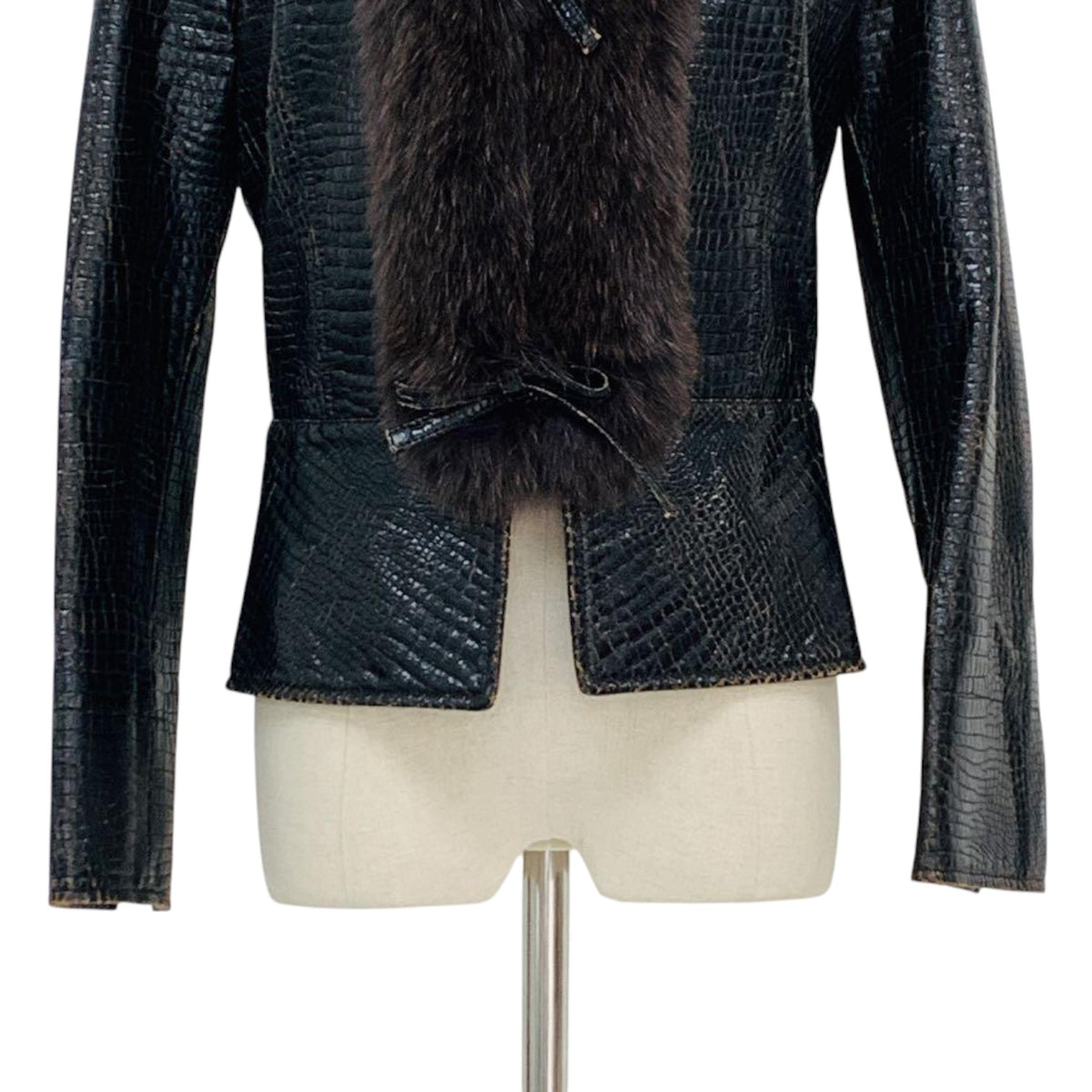 SYNCHRO CROSSINGS CROC EMBOSSED JACKET REAL FOX FUR COLLAR SIZE 38 M JAPAN - image 7