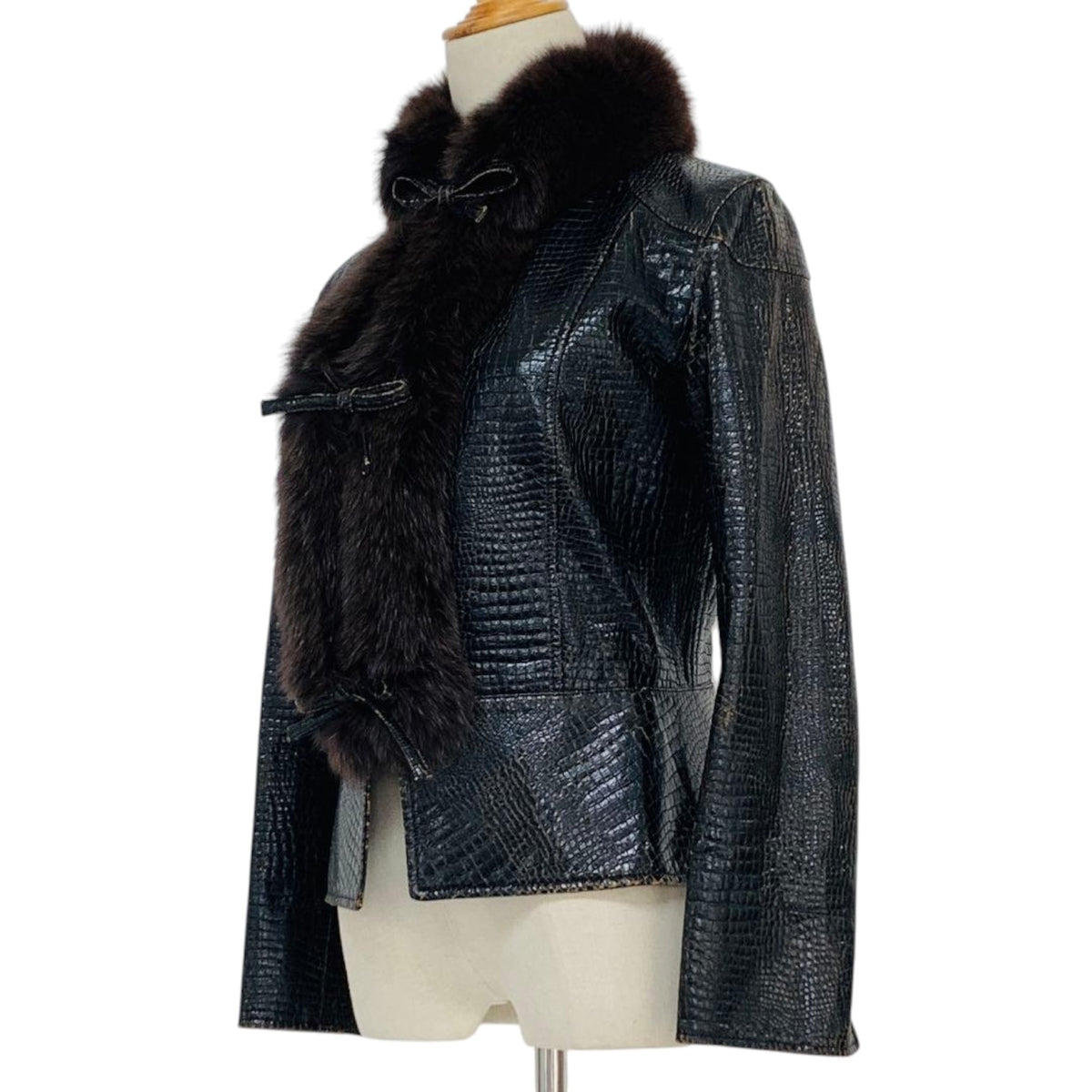 SYNCHRO CROSSINGS CROC EMBOSSED JACKET REAL FOX FUR COLLAR SIZE 38 M JAPAN - image 9