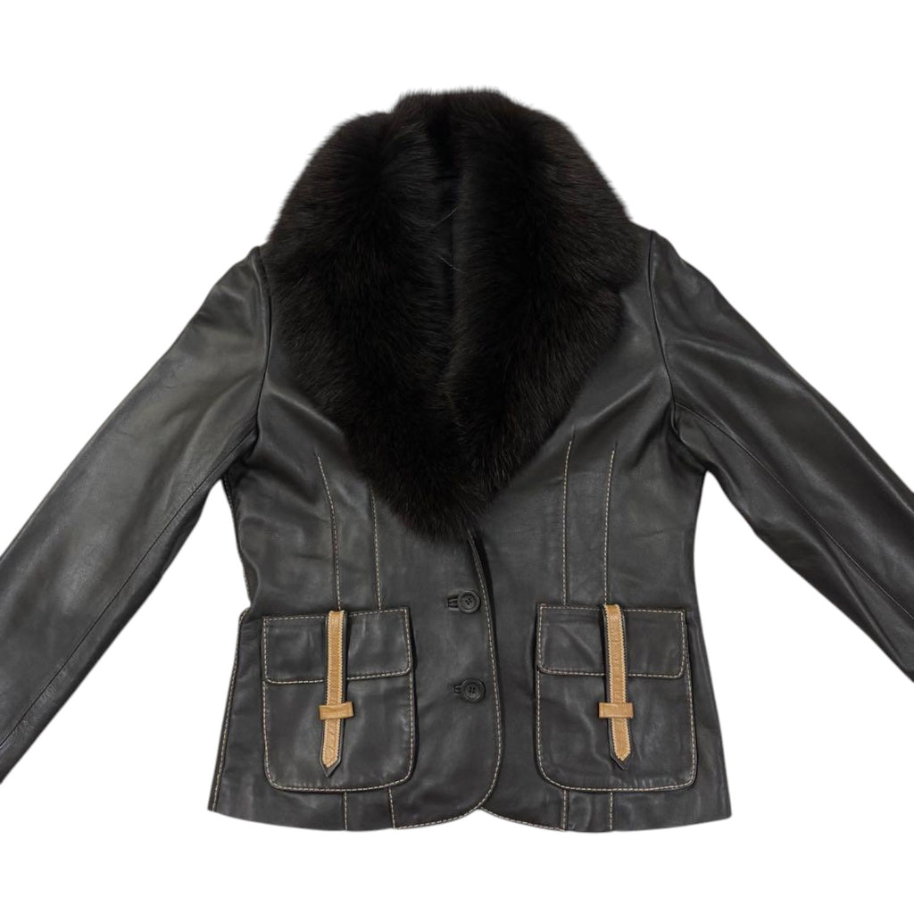 REAL SHEEPSKIN LEATHER JACKET DETACHABLE FOX FUR COLLAR NAVY SIZE 44 XL - image 1