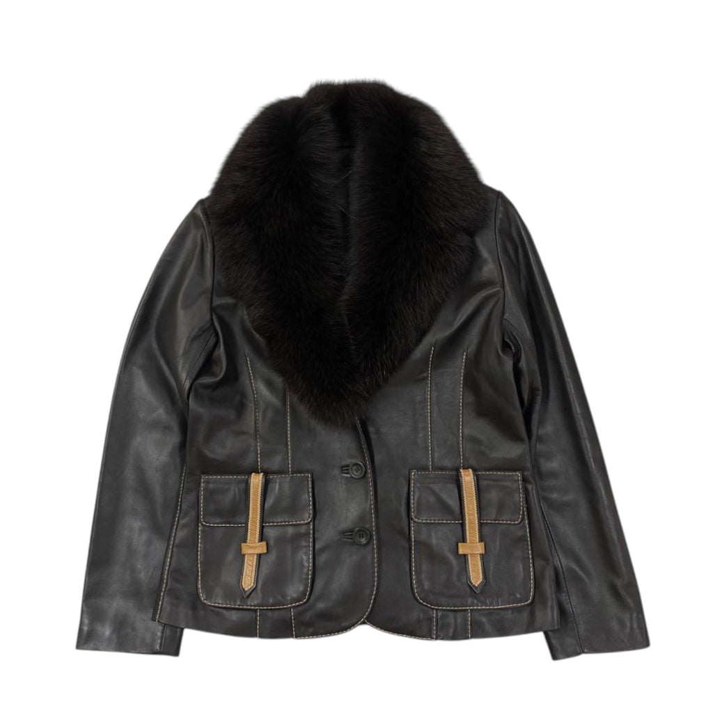 REAL SHEEPSKIN LEATHER JACKET DETACHABLE FOX FUR COLLAR NAVY SIZE 44 XL - image 3