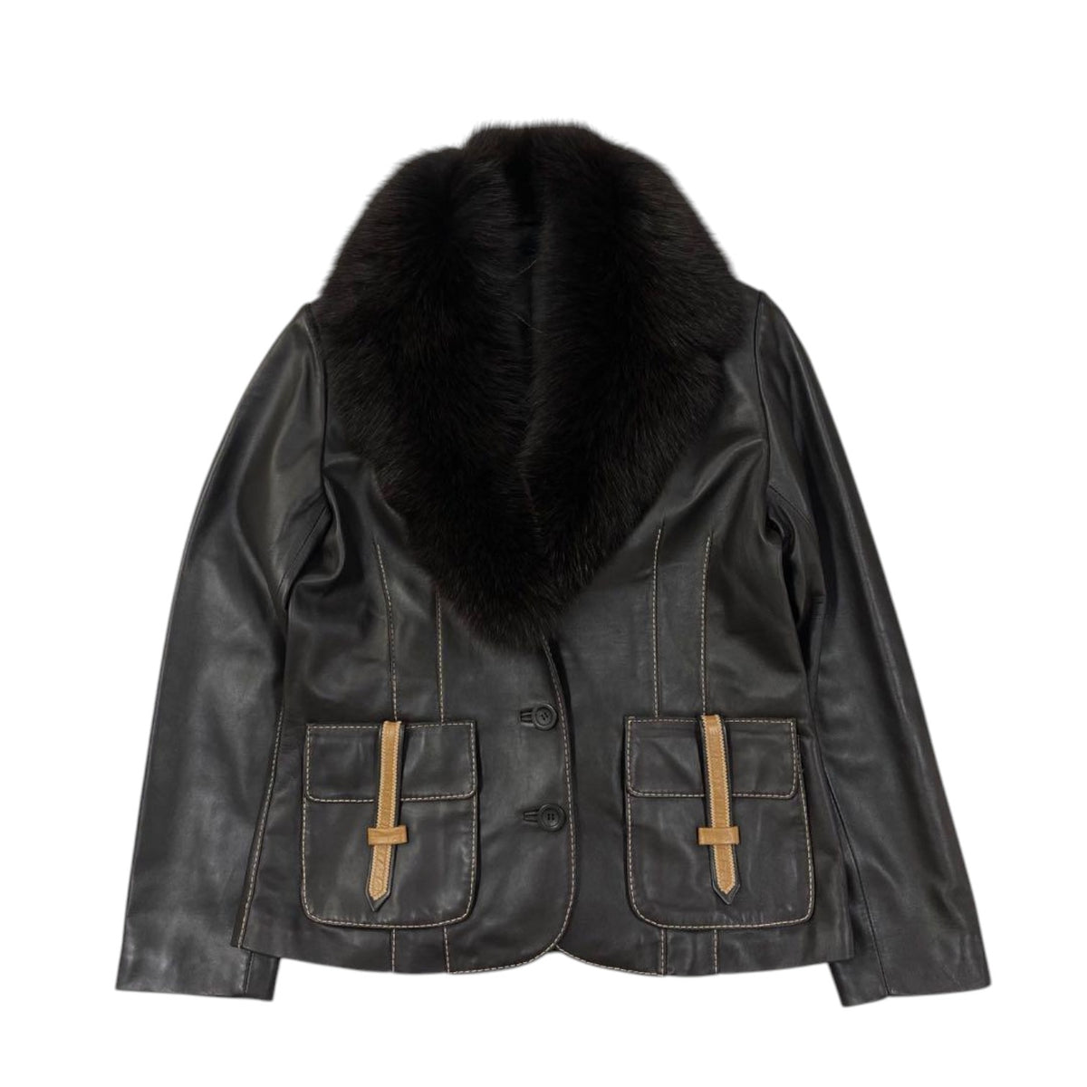REAL SHEEPSKIN LEATHER JACKET DETACHABLE FOX FUR COLLAR NAVY SIZE 44 XL - image 3
