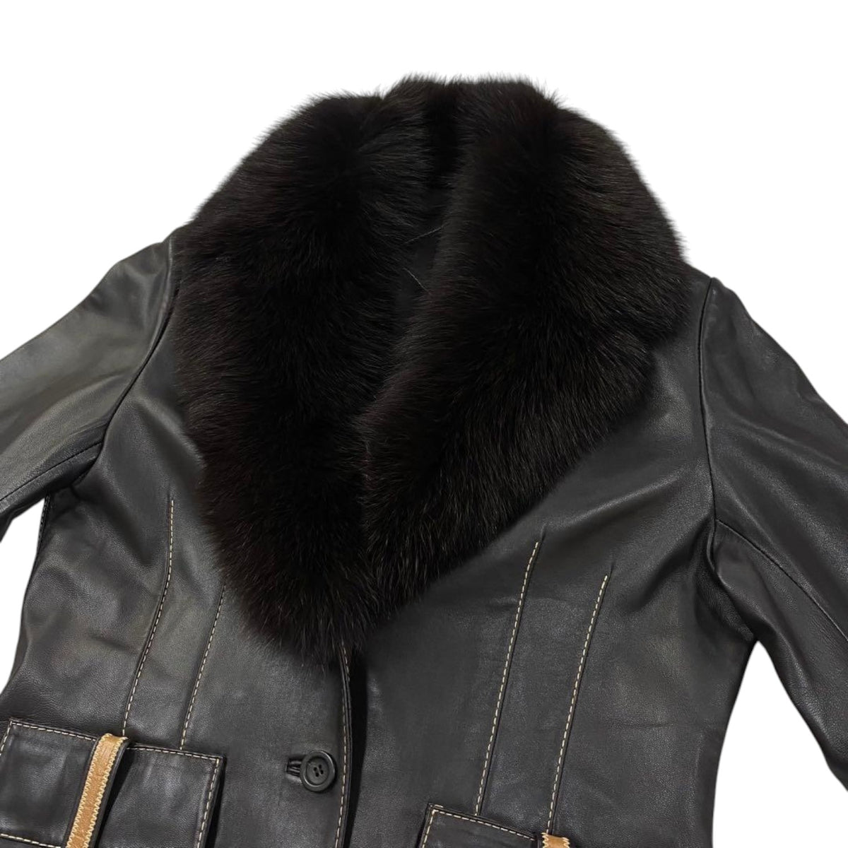 REAL SHEEPSKIN LEATHER JACKET DETACHABLE FOX FUR COLLAR NAVY SIZE 44 XL - image 5