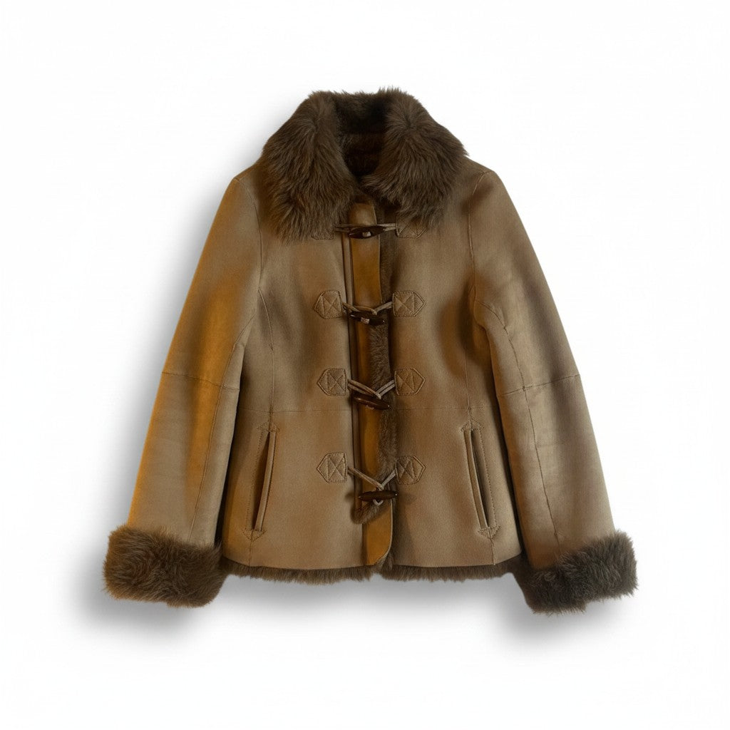 MICHAEL MICHAEL KORS REAL SHEEPSKIN MOUTON DUFFLE JACKET BEIGE SIZE 4 S - image 1