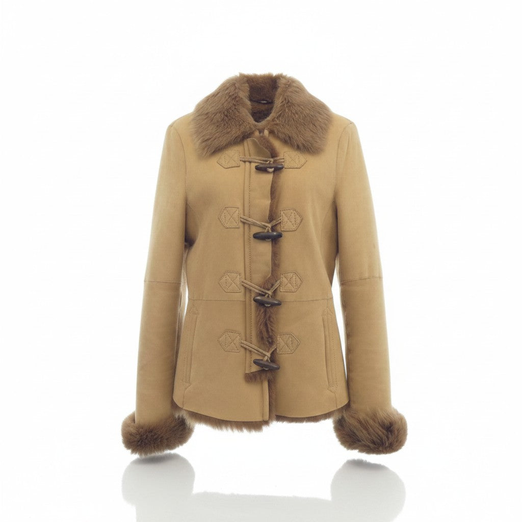 MICHAEL KORS REAL SHEEPSKIN MOUTON DUFFLE JACKET COAT BEIGE BROWN SIZE 4 S - image 1