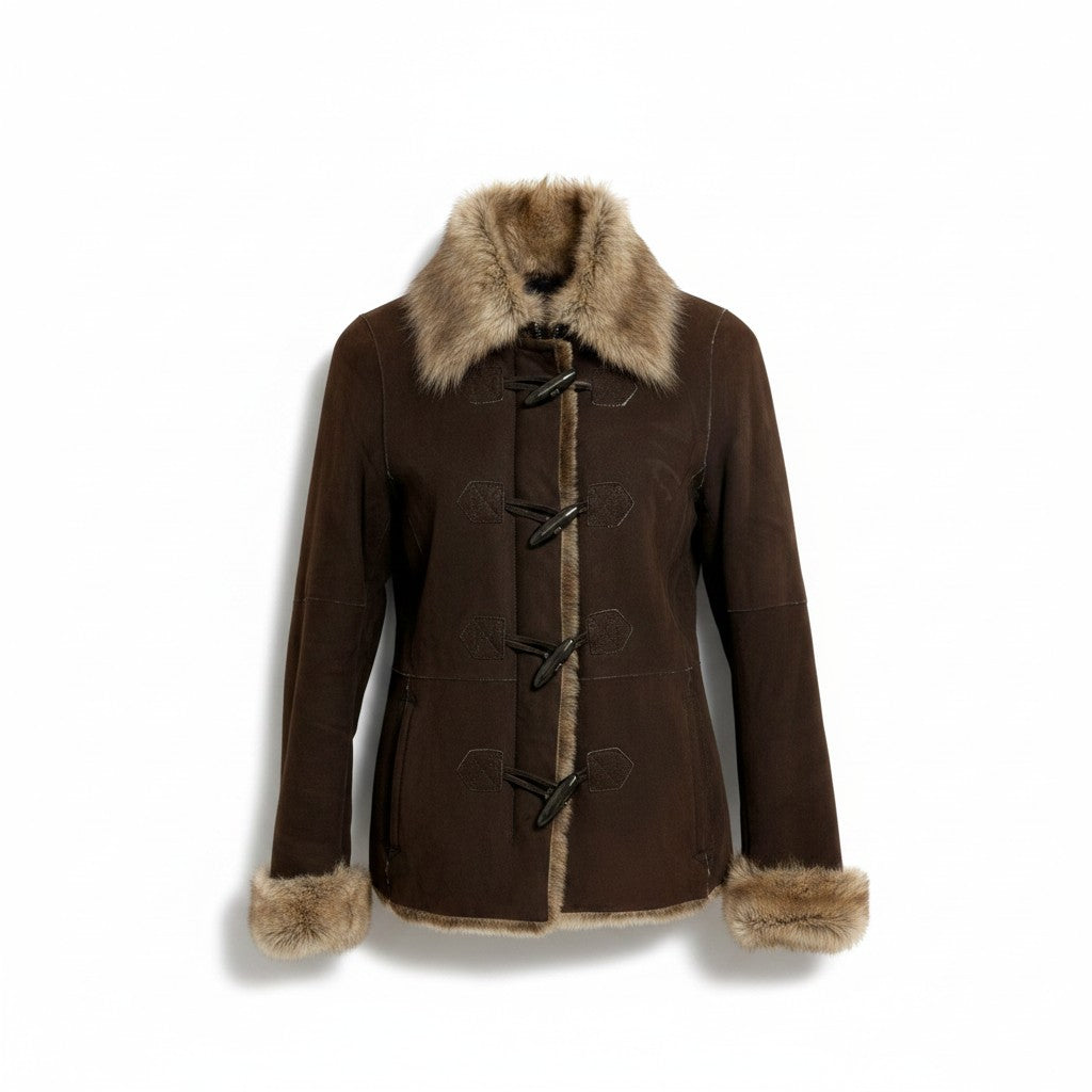 MICHAEL KORS REAL SHEEPSKIN MOUTON DUFFLE JACKET COAT DARK BROWN S - image 1