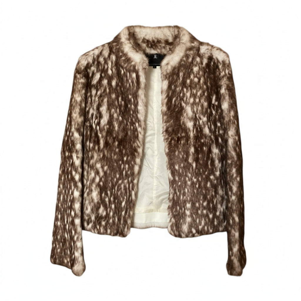 LANVIN REAL RABBIT FUR SHORT JACKET COAT BROWN WHITE LEOPARD SIZE FR36 S