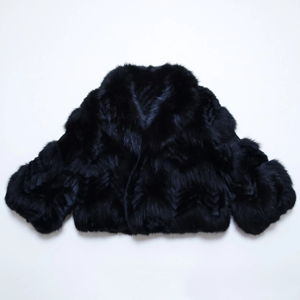 REAL FOX RABBIT FUR BOLERO JACKET SHORT CROPPED COAT BLACK SIZE S JAPAN
