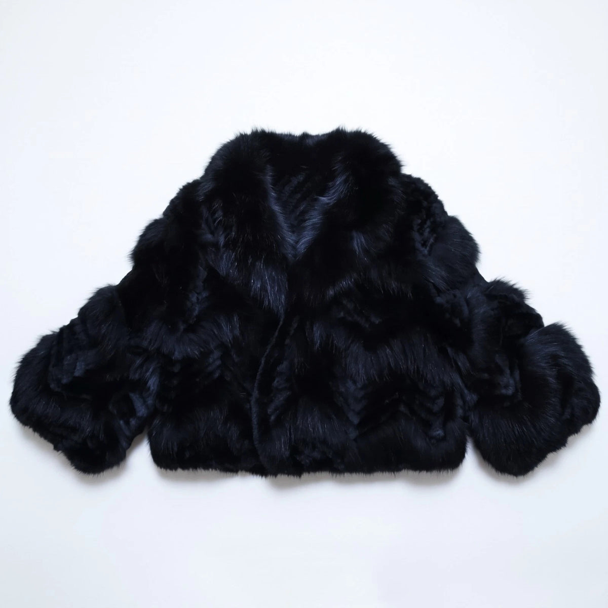 REAL FOX RABBIT FUR BOLERO JACKET SHORT CROPPED COAT BLACK SIZE S JAPAN