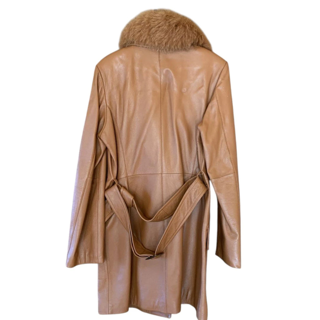 Latorre Lamb Leather Coat Voluminous Blue Fox Fur Collar Brown Size M
