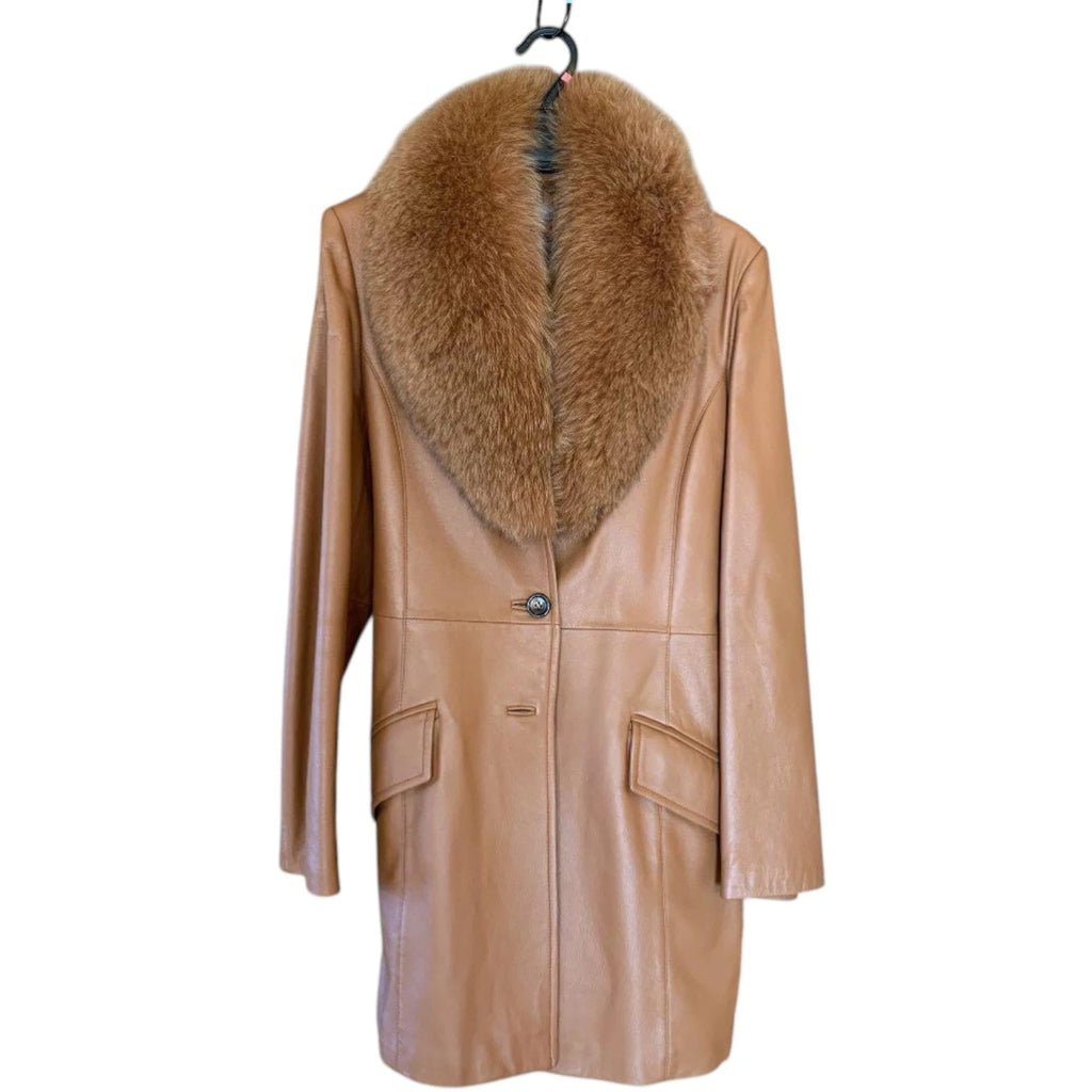 Latorre Lamb Leather Coat Voluminous Blue Fox Fur Collar Brown Size M