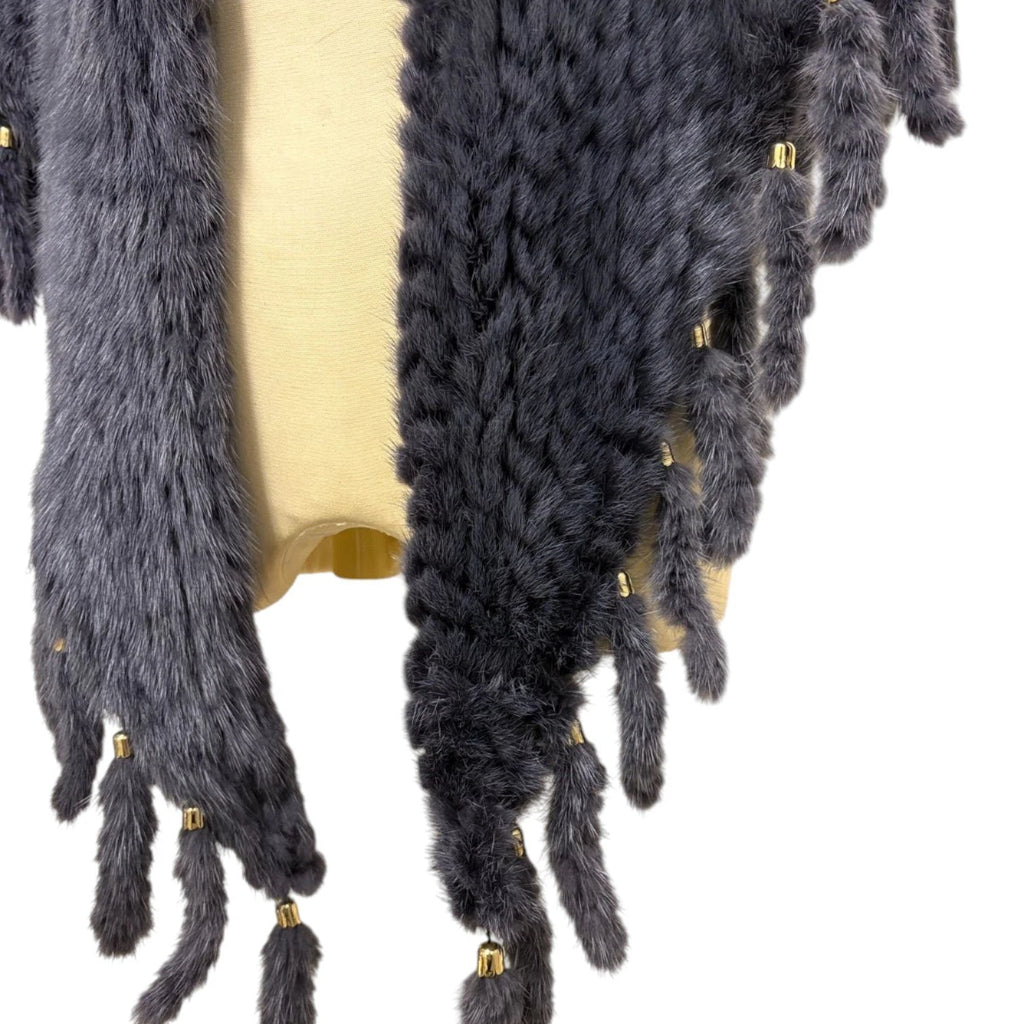 MINK FUR SHAWL BLUE GREY STOLE REAL FUR WITH ORNAMENT FROM JAPAN