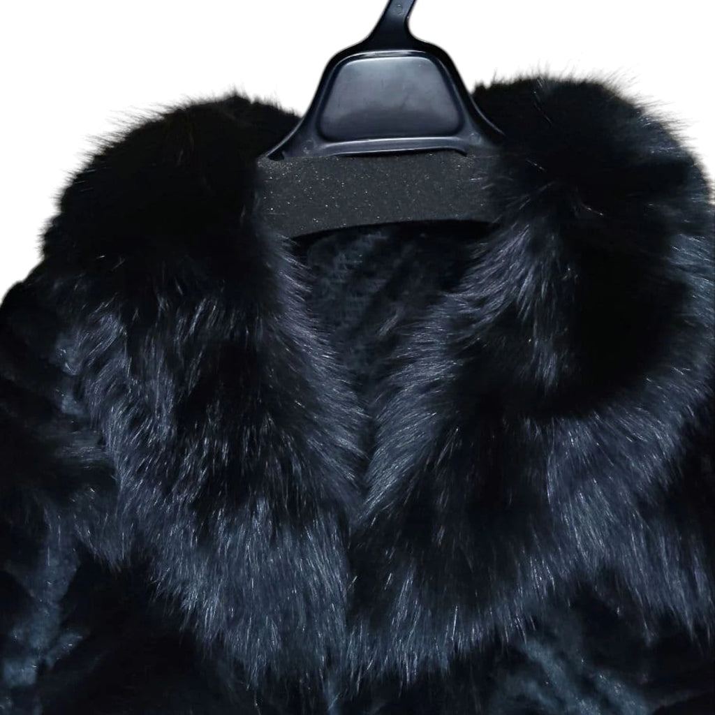 REAL FOX RABBIT FUR BOLERO JACKET SHORT CROPPED COAT BLACK SIZE S JAPAN
