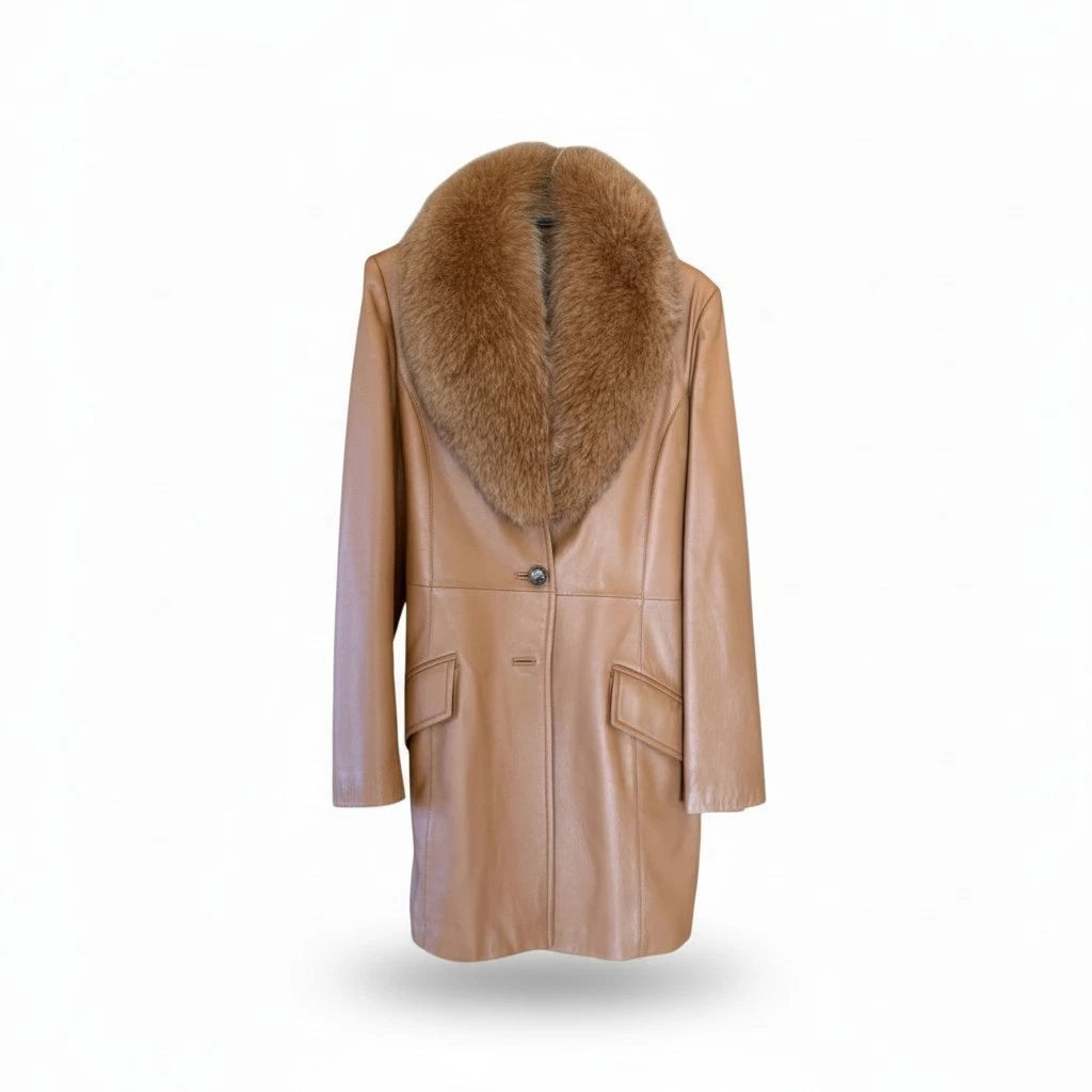 Latorre Lamb Leather Coat Voluminous Blue Fox Fur Collar Brown Size M