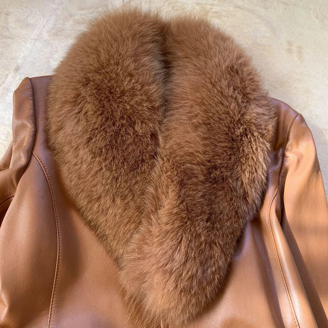 Latorre Lamb Leather Coat Voluminous Blue Fox Fur Collar Brown Size M
